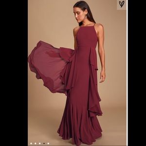 Lulus Anitra Burgundy Ruffled Sleeveless Dress